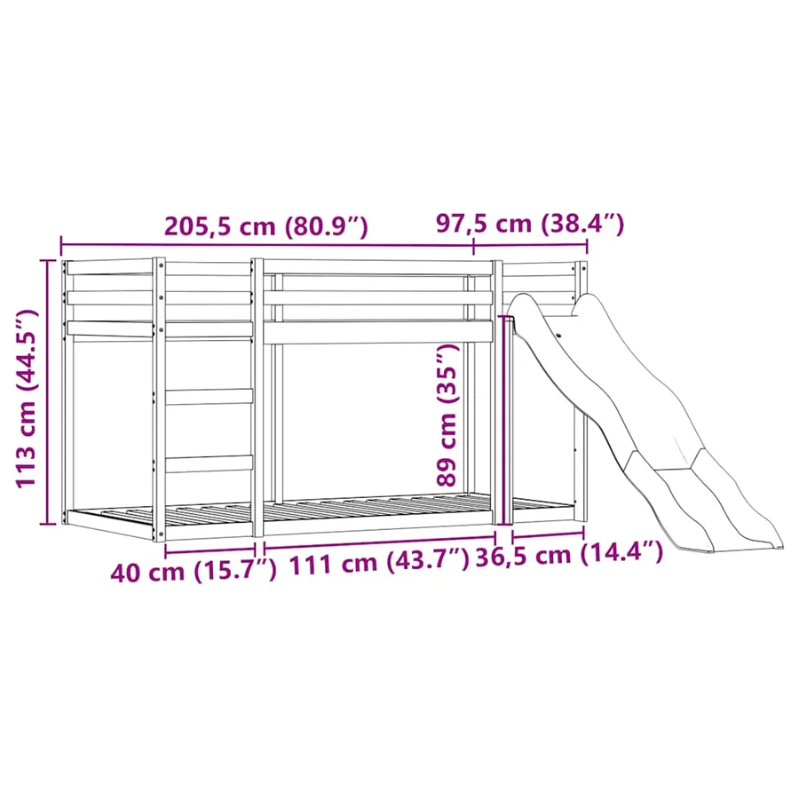 Lit superposé sans matelas avec toboggan blanc noir 90x200 cm - 15