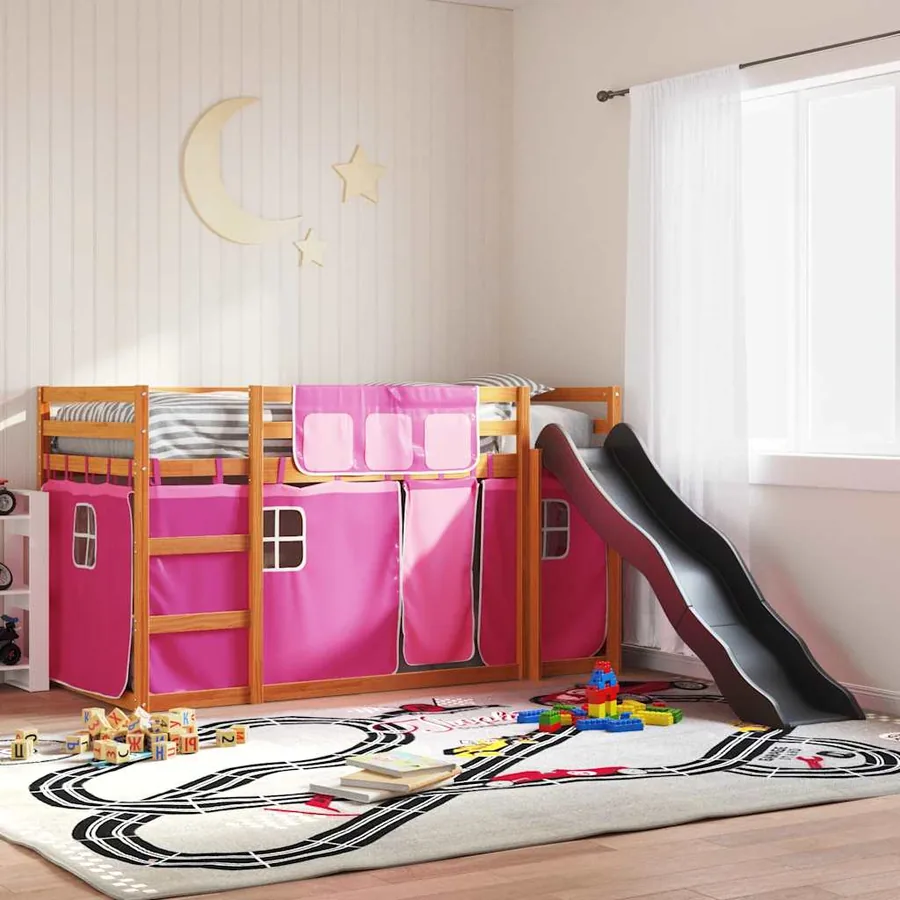 Lit superposé sans matelas avec toboggan et rideaux 80x200 cm