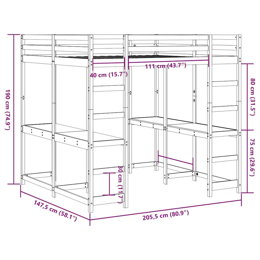 Lit superposé et bureau et échelle 140x200cm bois de pin massif - 10