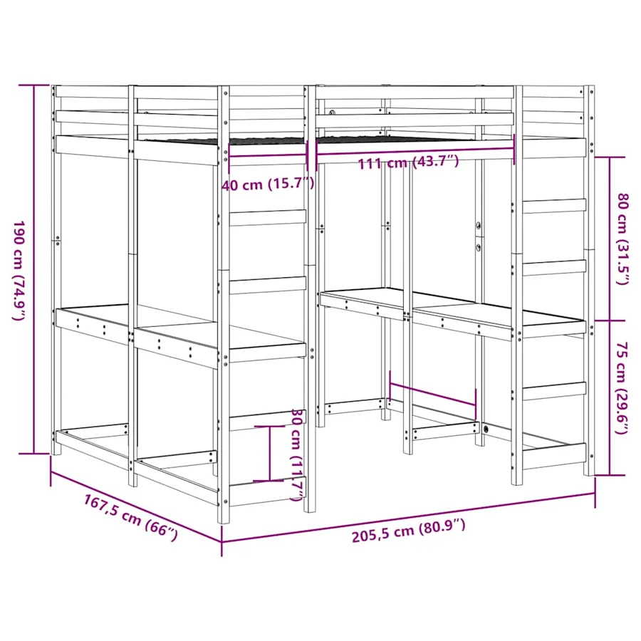 Lit superposé et bureau et échelle 160x200cm bois de pin massif - 10