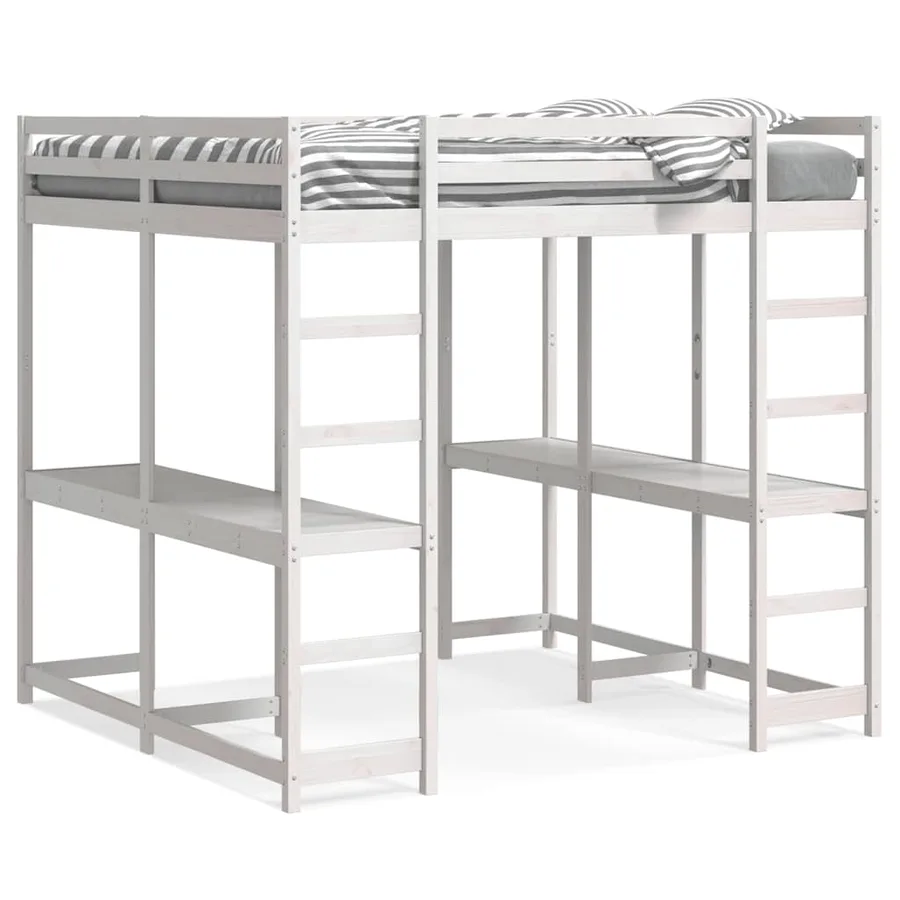 Lit superposé et bureau et échelle 160x200cm bois de pin massif - 2