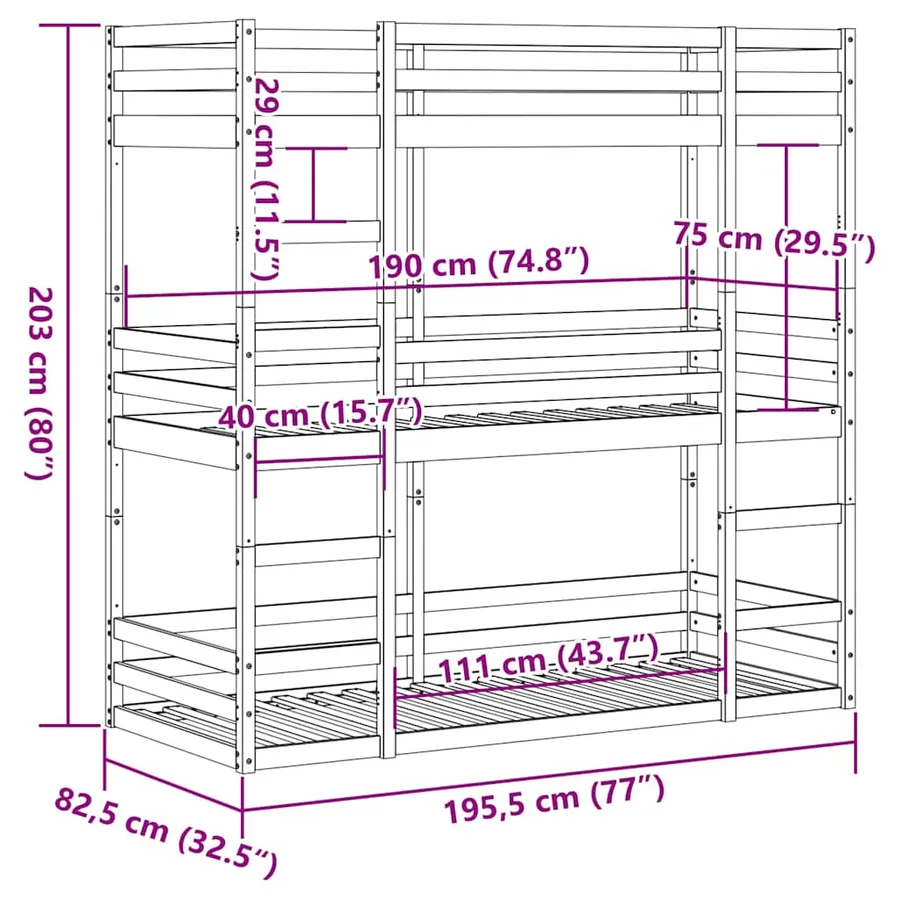 Lit superposé triple sans matelas 75x190 cm bois de pin massif - 10
