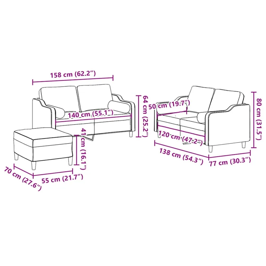 Ensemble de canapés 3 pcs avec coussins noir tissu - 10