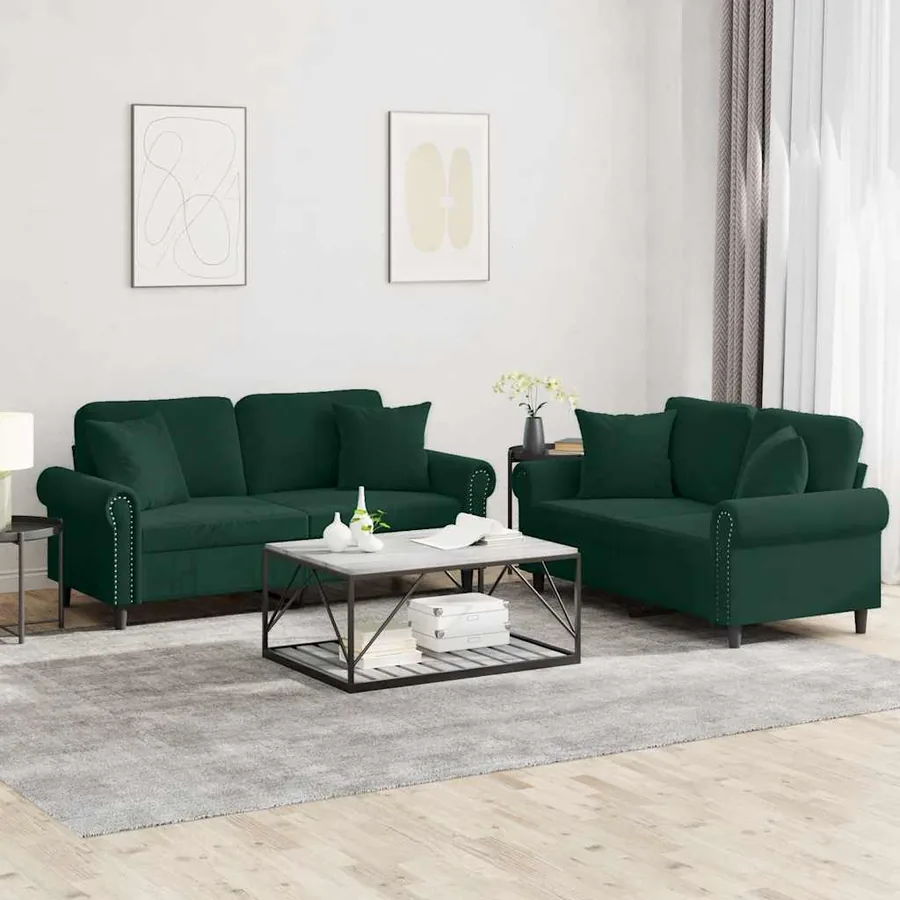 Ensemble de canapés 2 pcs avec coussins vert foncé velours