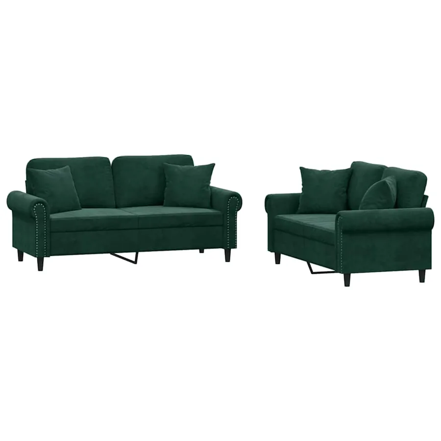 Ensemble de canapés 2 pcs avec coussins vert foncé velours - 2