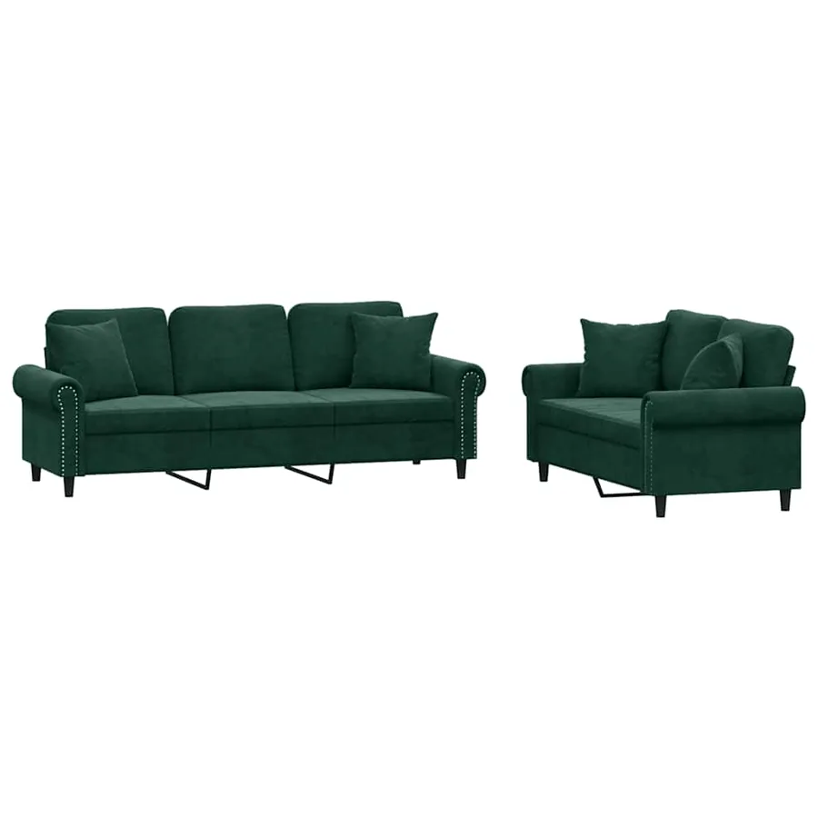 Ensemble de canapés 2 pcs avec coussins vert foncé velours - 2