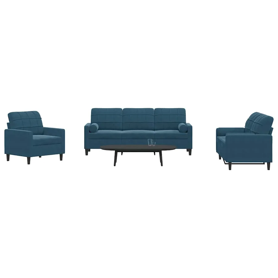 Ensemble de canapés 3pcs et coussins et traversins bleu velours