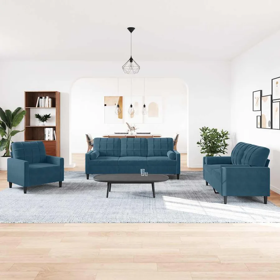 Ensemble de canapés 3pcs et coussins et traversins bleu velours - 3