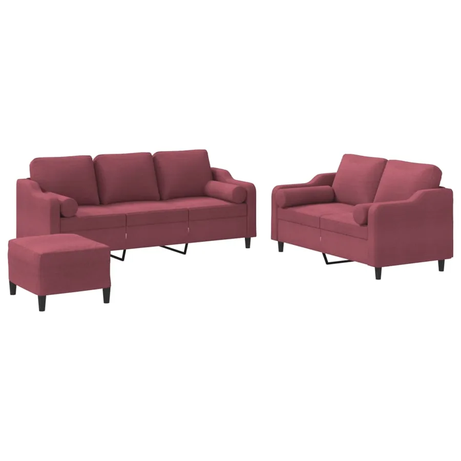 Ensemble de canapés 3 pcs avec coussins rouge bordeaux tissu - 2