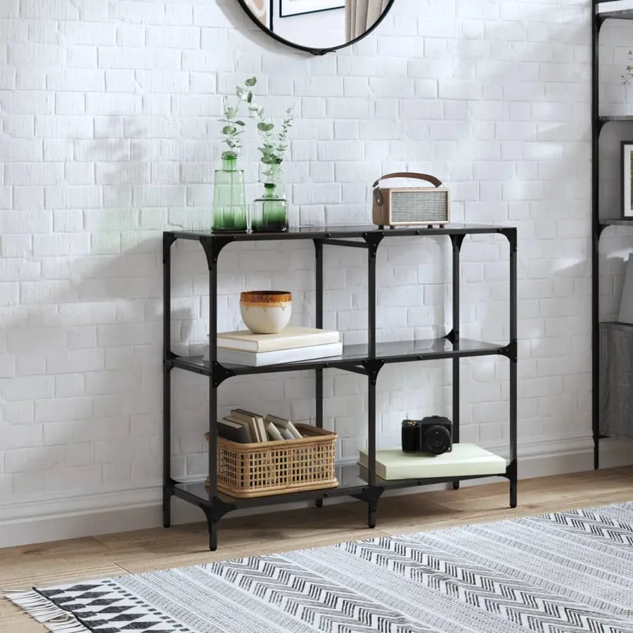 Table console avec dessus en verre noir 98x30x81 cm acier