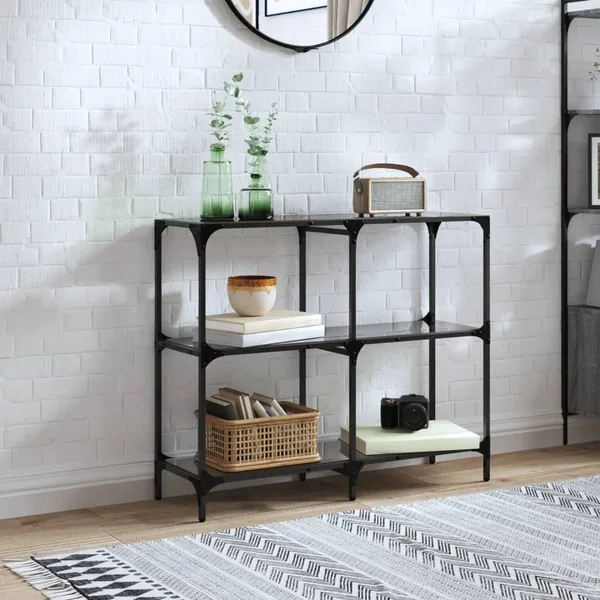 Table console avec dessus en verre noir 98x30x81 cm acier