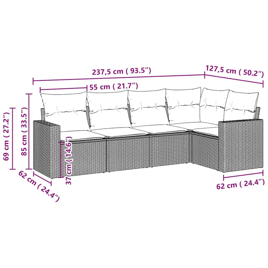 Salon de jardin 5 pcs avec coussins gris clair résine tressée - 3