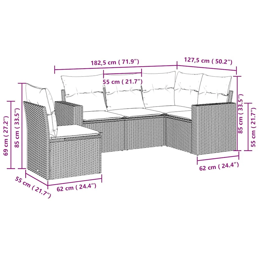 Salon de jardin 5 pcs avec coussins gris clair résine tressée - 3