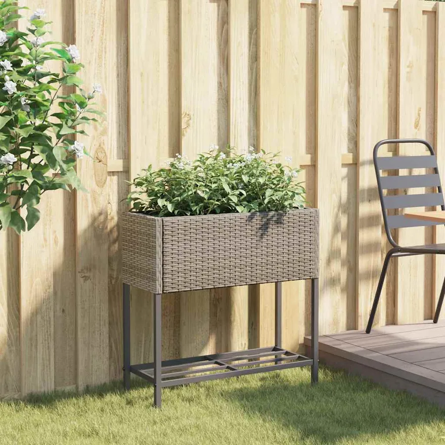 Jardinière avec étagère gris résine tressée - 3