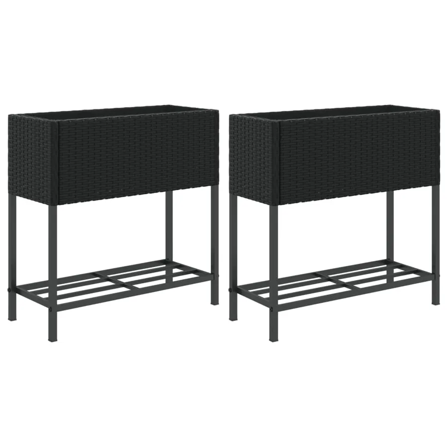 Jardinières avec étagère 2 pcs noir 70x28x70 cm résine tressée - 2
