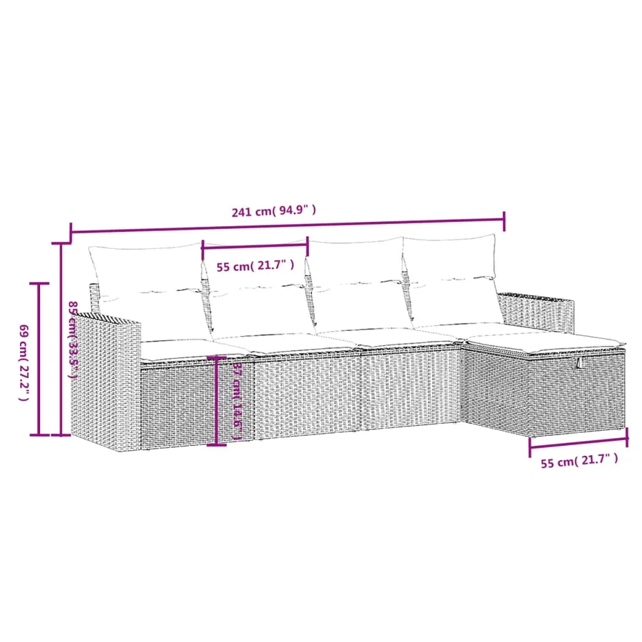 Salon de jardin 5 pcs avec coussins gris clair résine tressée - 4