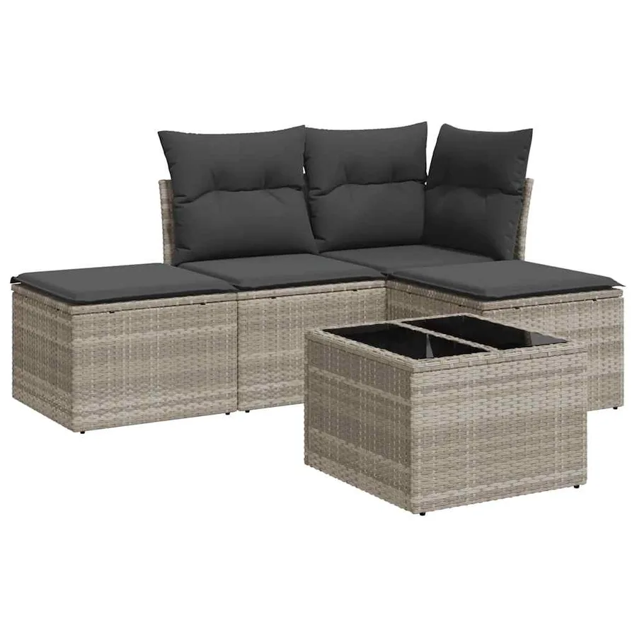Salon de jardin 5 pcs avec coussins gris clair résine tressée - 2