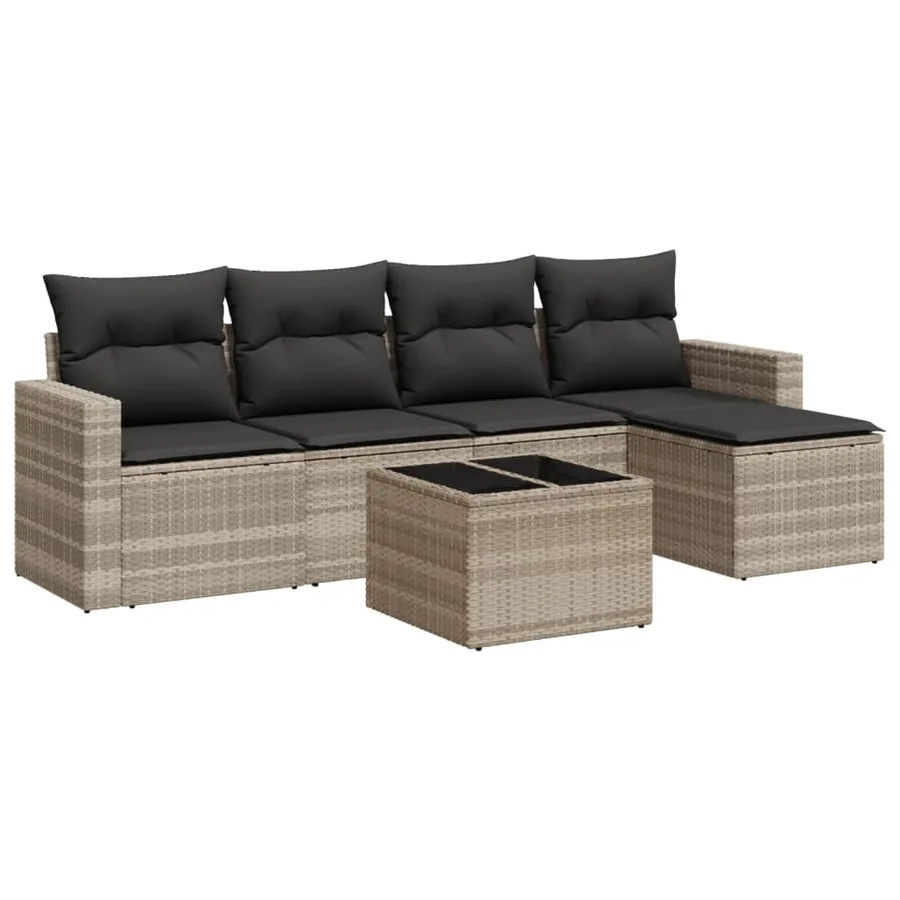 Salon de jardin 6 pcs avec coussins gris clair résine tressée - 2