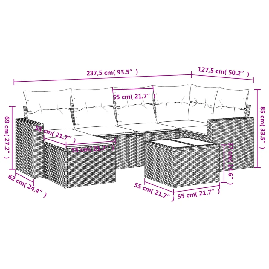 Salon de jardin avec coussins 7 pcs gris clair résine tressée - 3