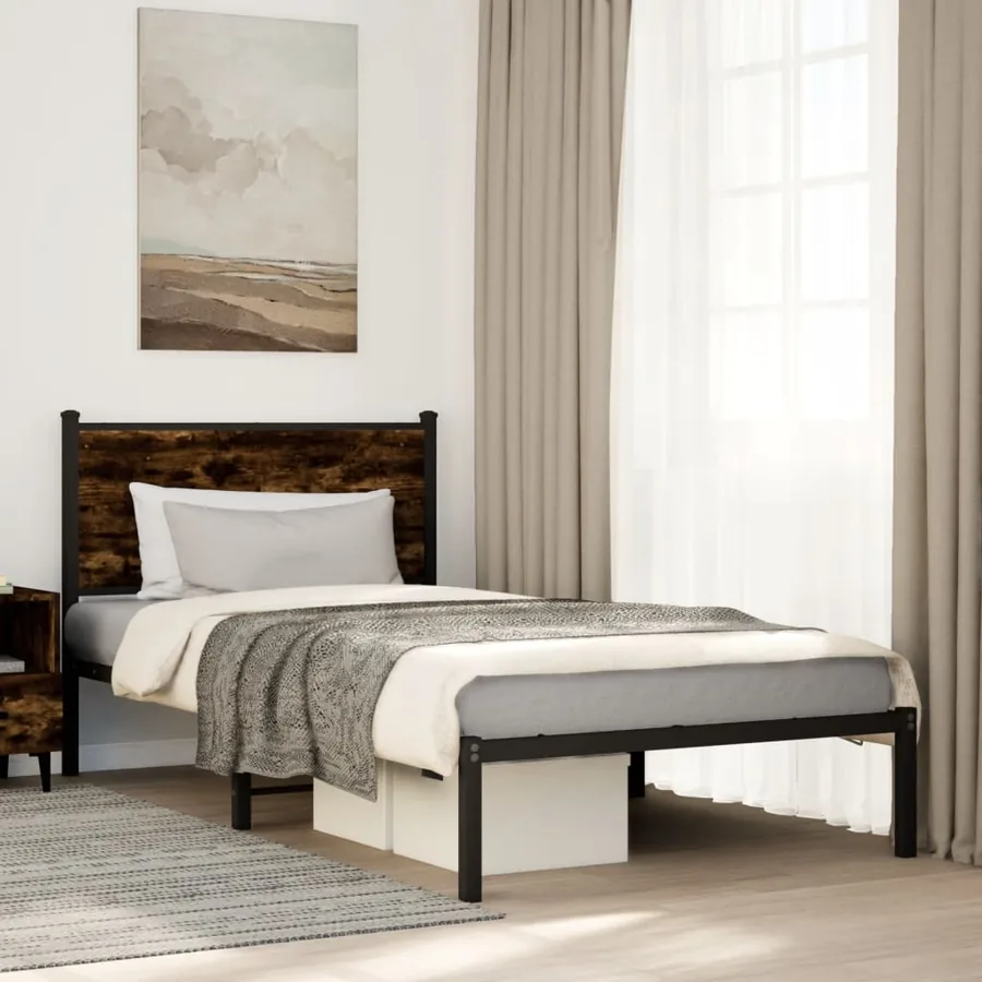 Cadre de lit en métal sans matelas chêne fumé 107x203 cm