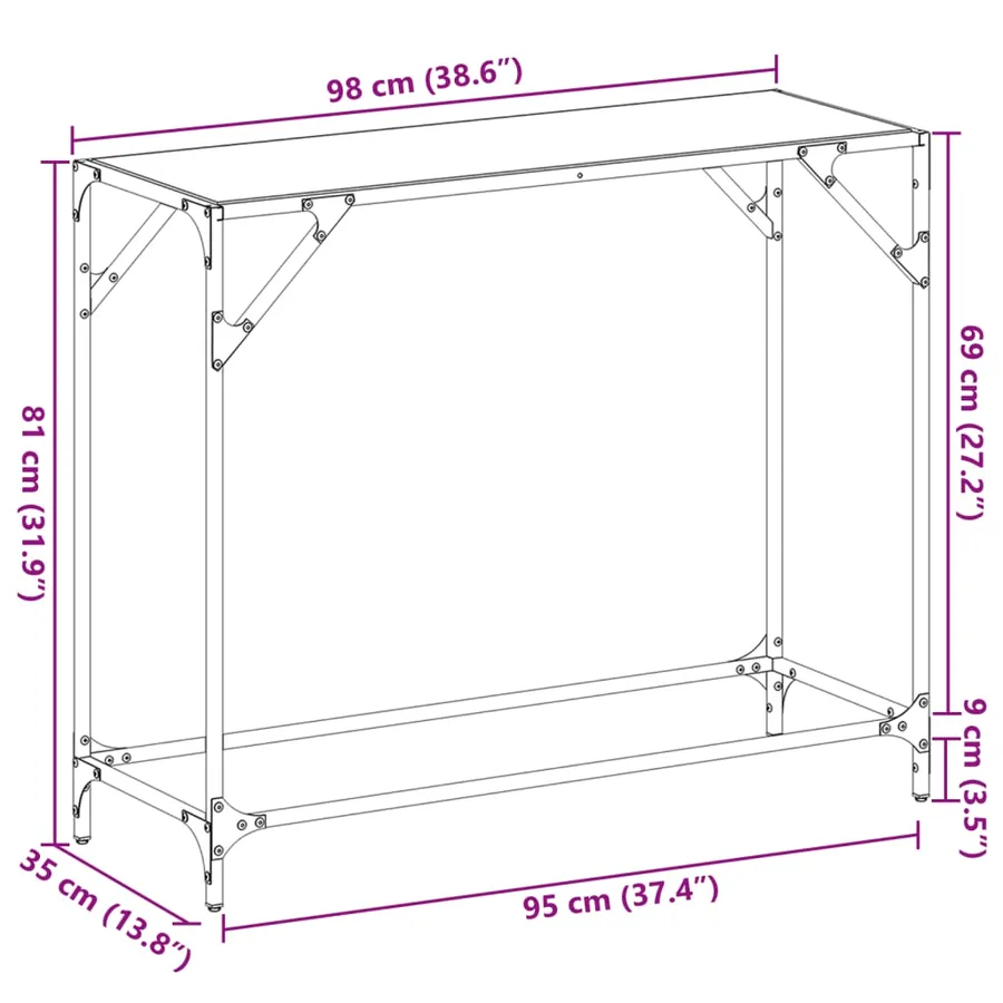 Table console avec dessus en verre transparent 98x35x81cm acier - 9