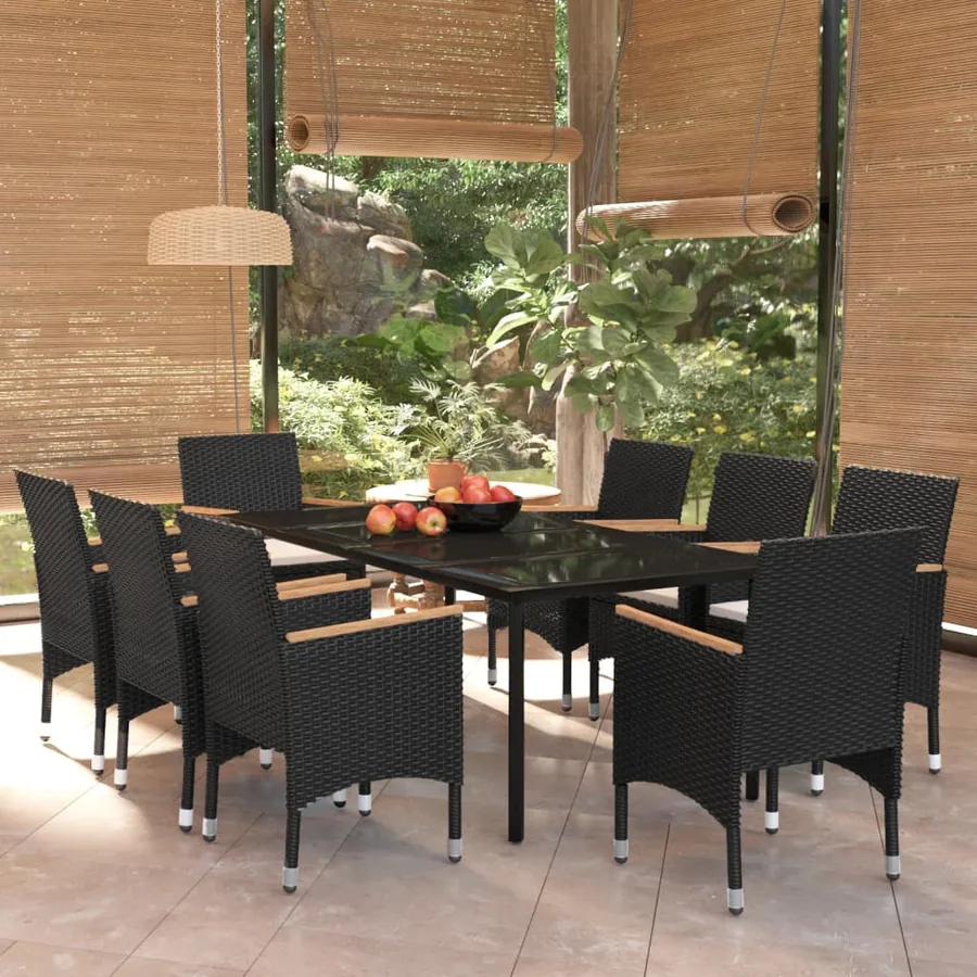 9 pcs garden dining set with cushions Black
