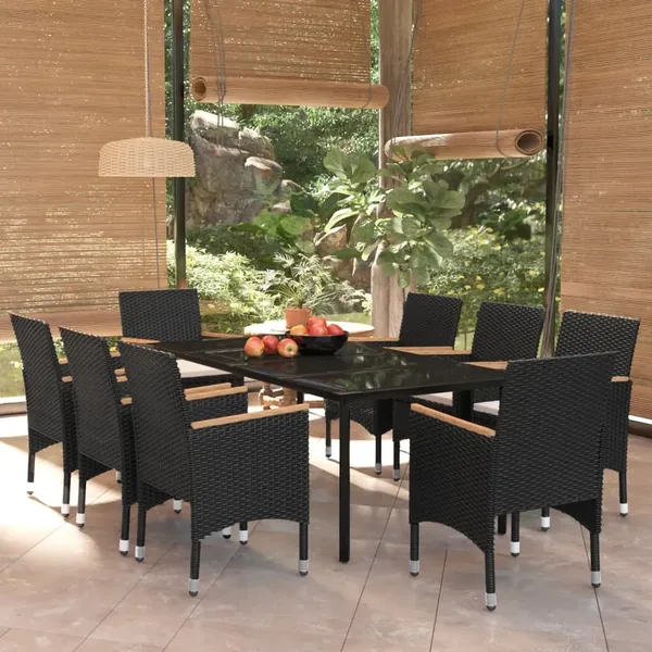 9 pcs garden dining set with cushions Black