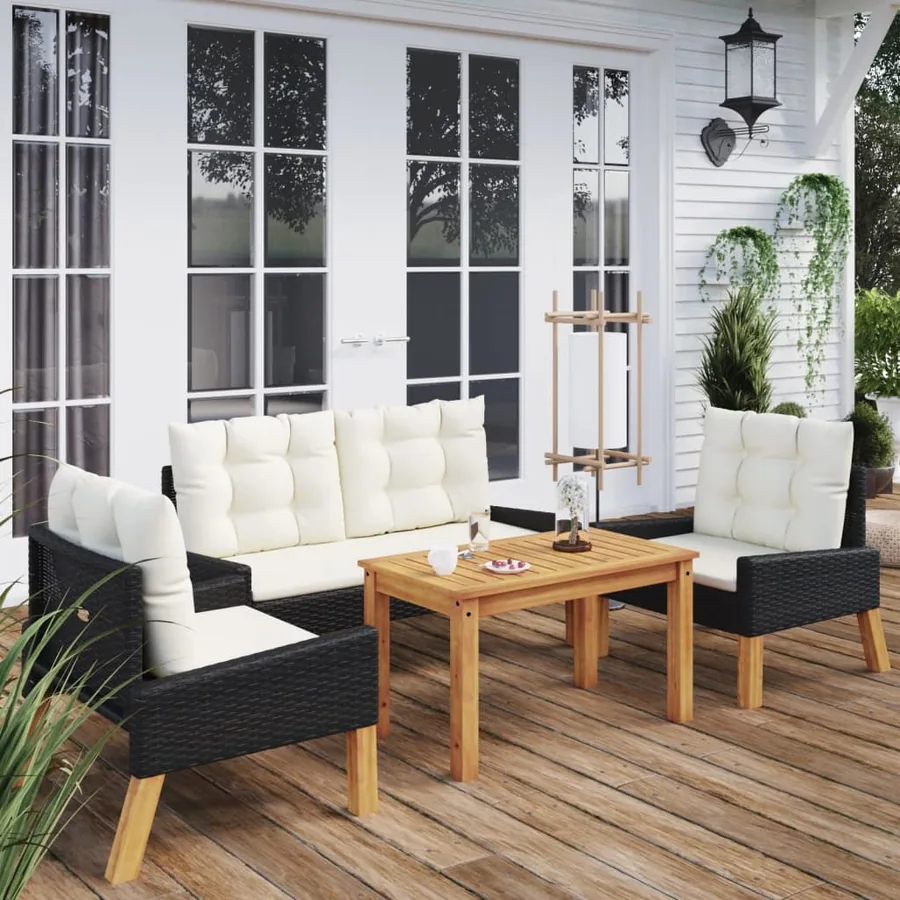 4 pcs garden lounge set and cushions Poly rattan and solid wood