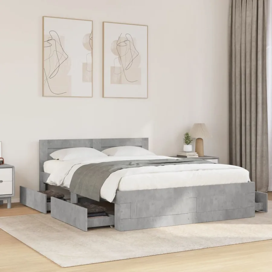 Cadre de lit et tête de lit sans matelas gris béton 120x190 cm