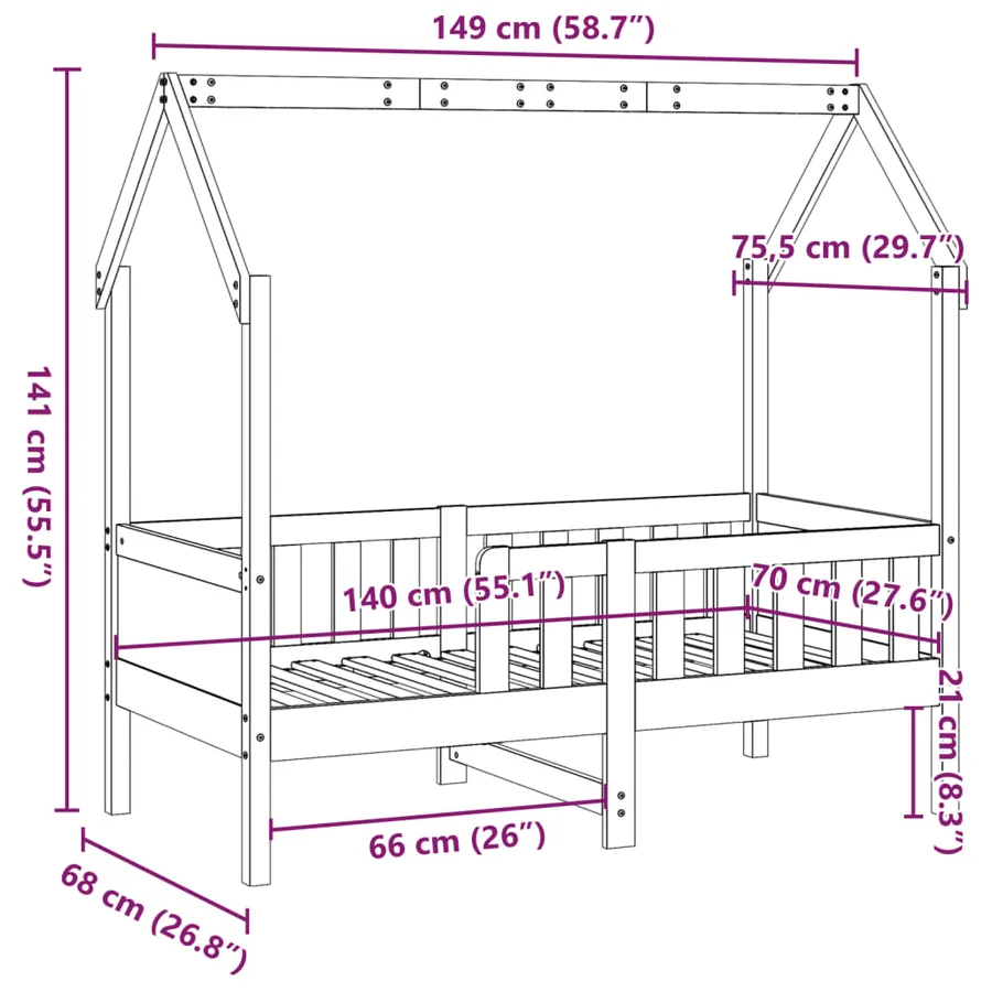 Cadre de lit d'enfants forme de maison sans matelas pin - 9