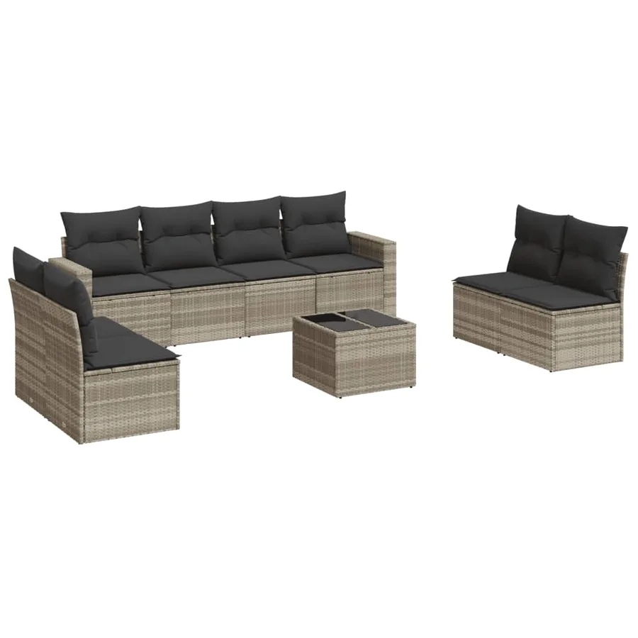 Salon de jardin 9 pcs avec coussins gris clair résine tressée - 2