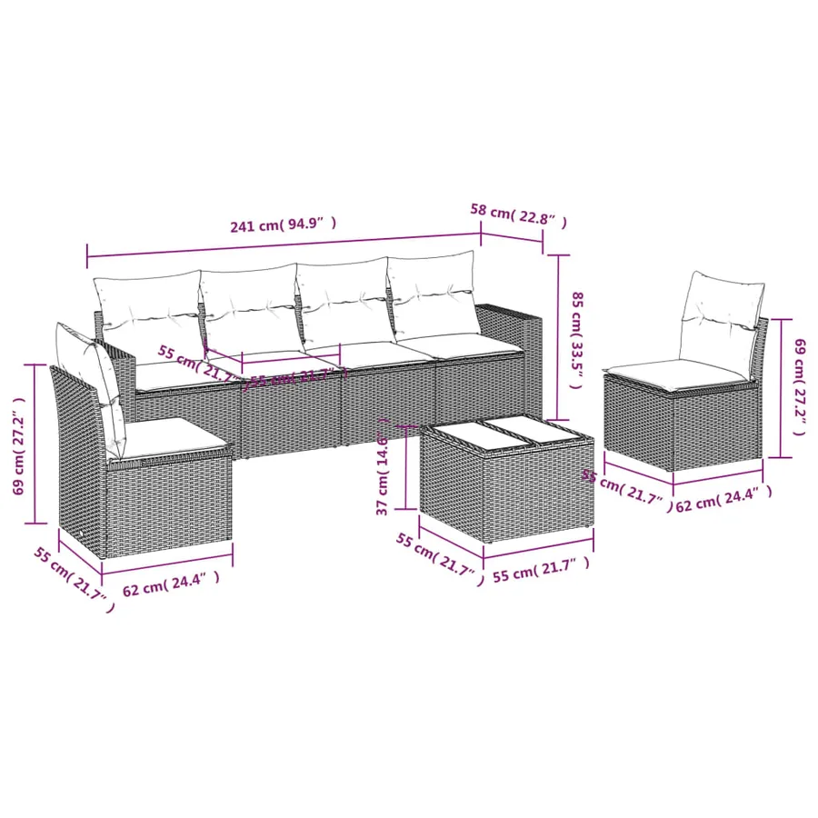 Salon de jardin avec coussins 7 pcs gris clair résine tressée - 3