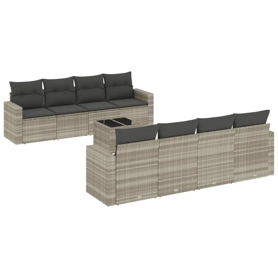 Salon de jardin 9 pcs avec coussins gris clair résine tressée - 2