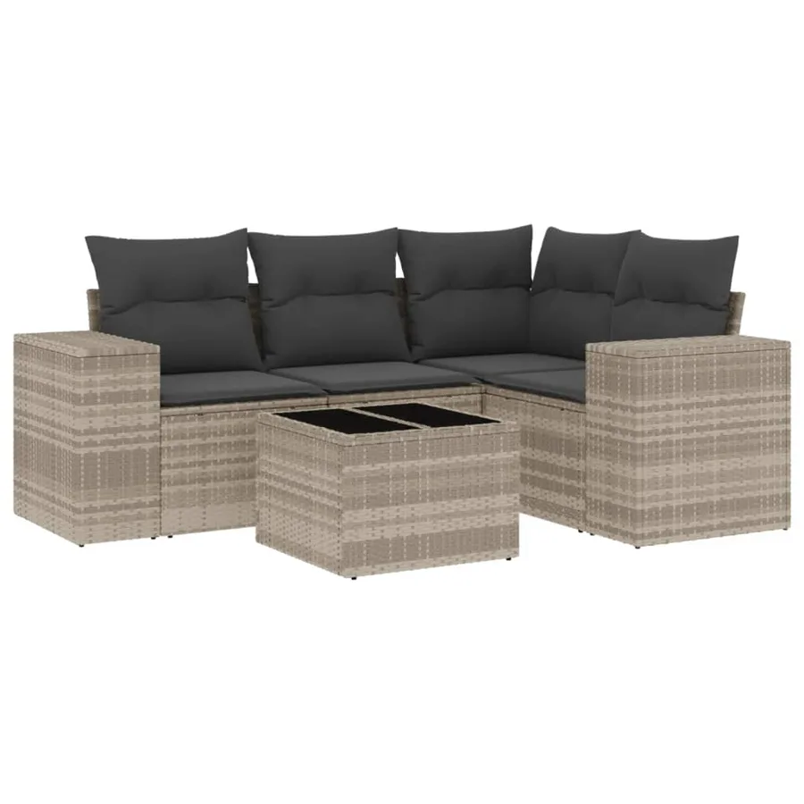 Salon de jardin 5 pcs avec coussins gris clair résine tressée - 2