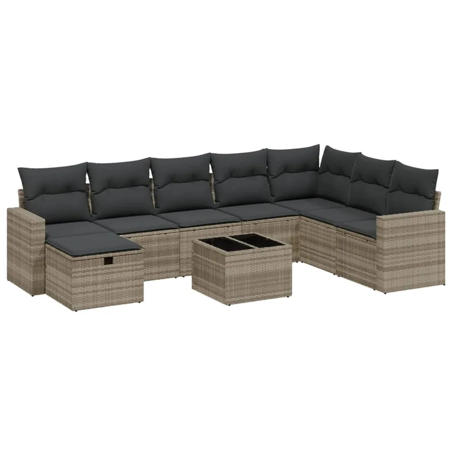 Salon de jardin 9 pcs avec coussins gris clair résine tressée - 2