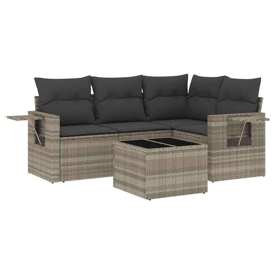 Salon de jardin 5 pcs avec coussins gris clair résine tressée - 2