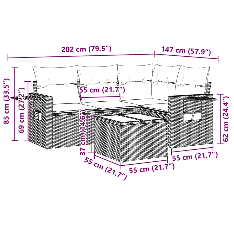 Salon de jardin 5 pcs avec coussins gris clair résine tressée - 3