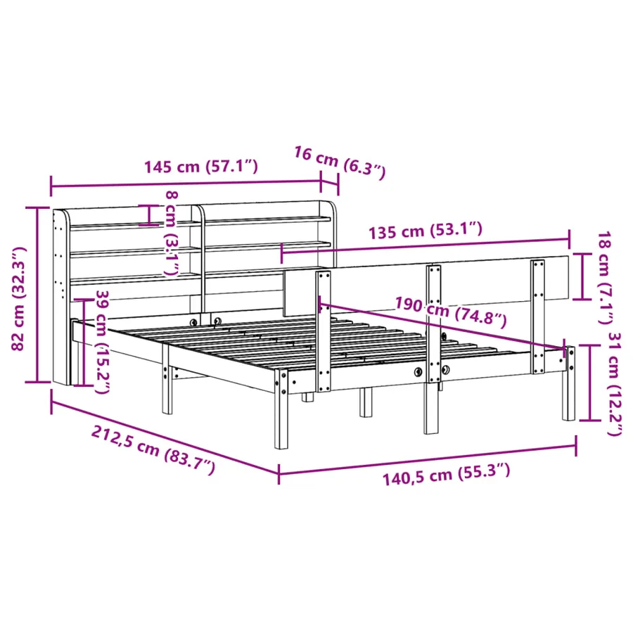 Cadre de lit sans matelas blanc 135x190 cm bois de pin massif - 12