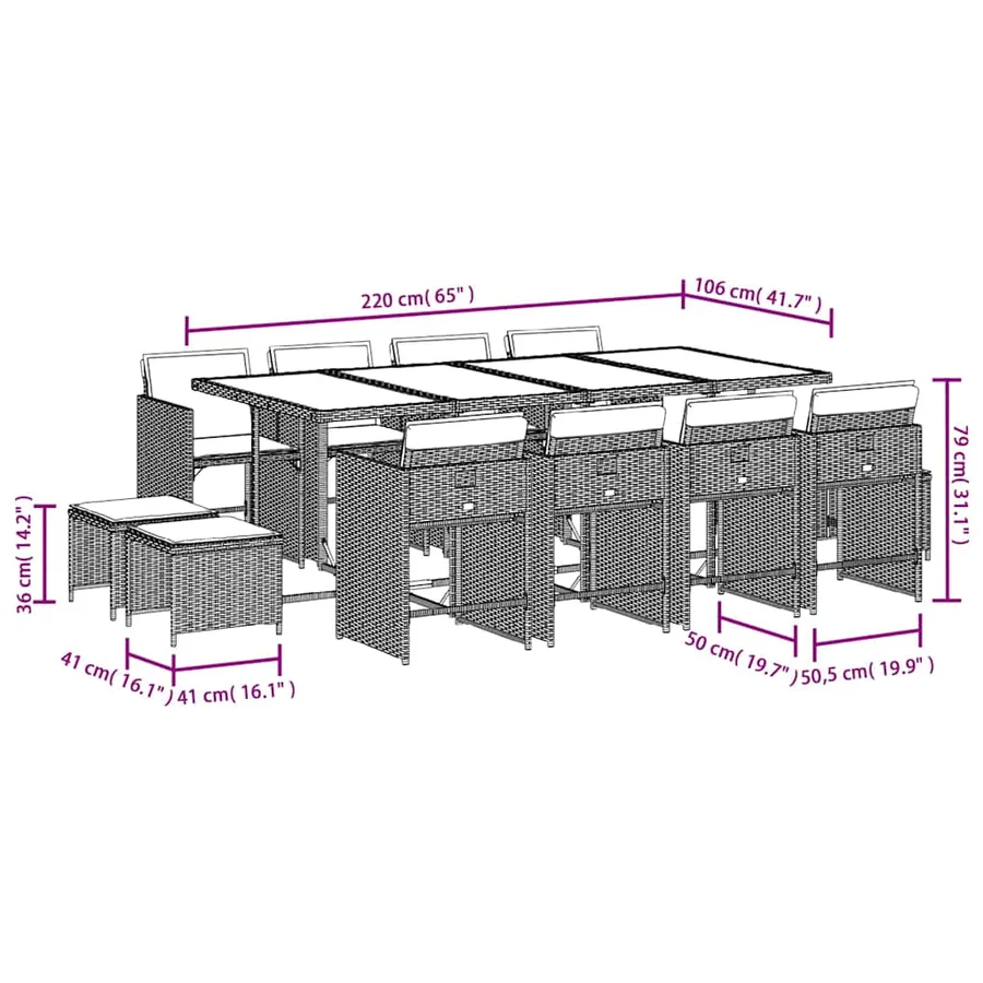 Ensemble à manger de jardin avec coussins 13 pcs marron rotin - 11