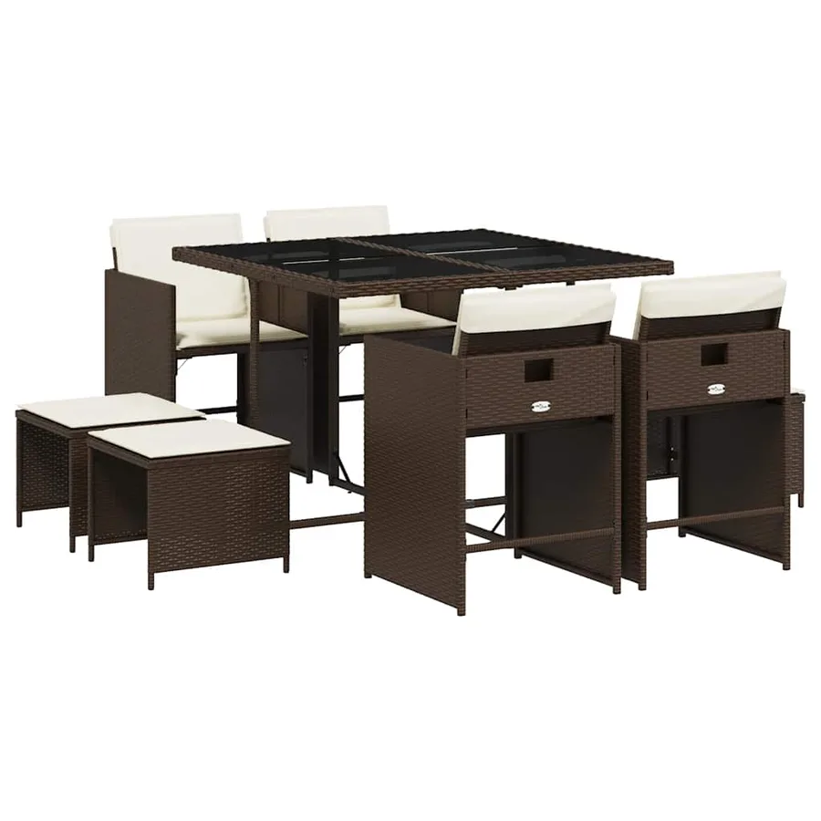 Ensemble à manger de jardin et coussins 9 pcs marron poly rotin - 2
