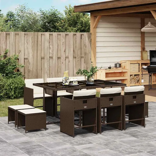 Ensemble à manger de jardin et coussins 11 pcs marron rotin