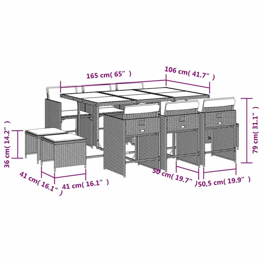 Ensemble à manger de jardin et coussins 11 pcs marron rotin - 11