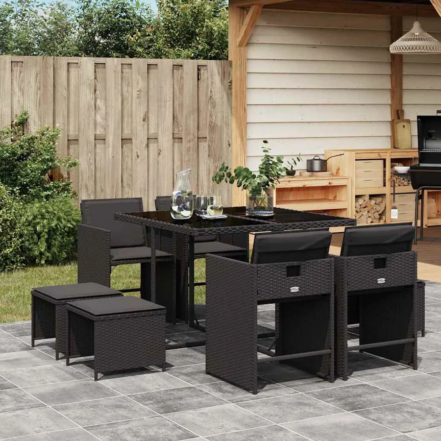 Ensemble à manger de jardin 9pcs coussins noir résine tressée