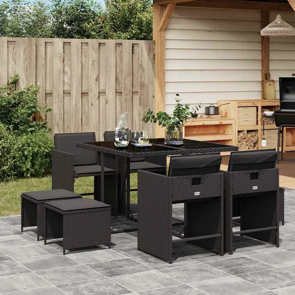 Ensemble à manger de jardin 9pcs coussins noir résine tressée