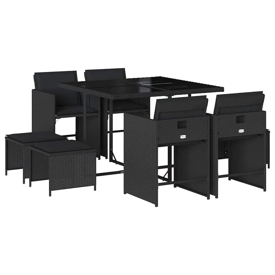 Ensemble à manger de jardin 9pcs coussins noir résine tressée - 2