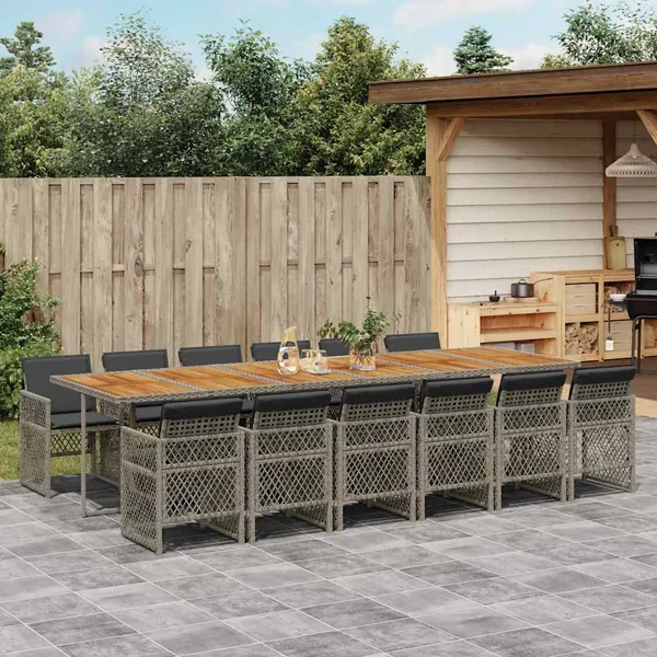Ensemble à manger de jardin coussins 13 pcs gris résine tressée