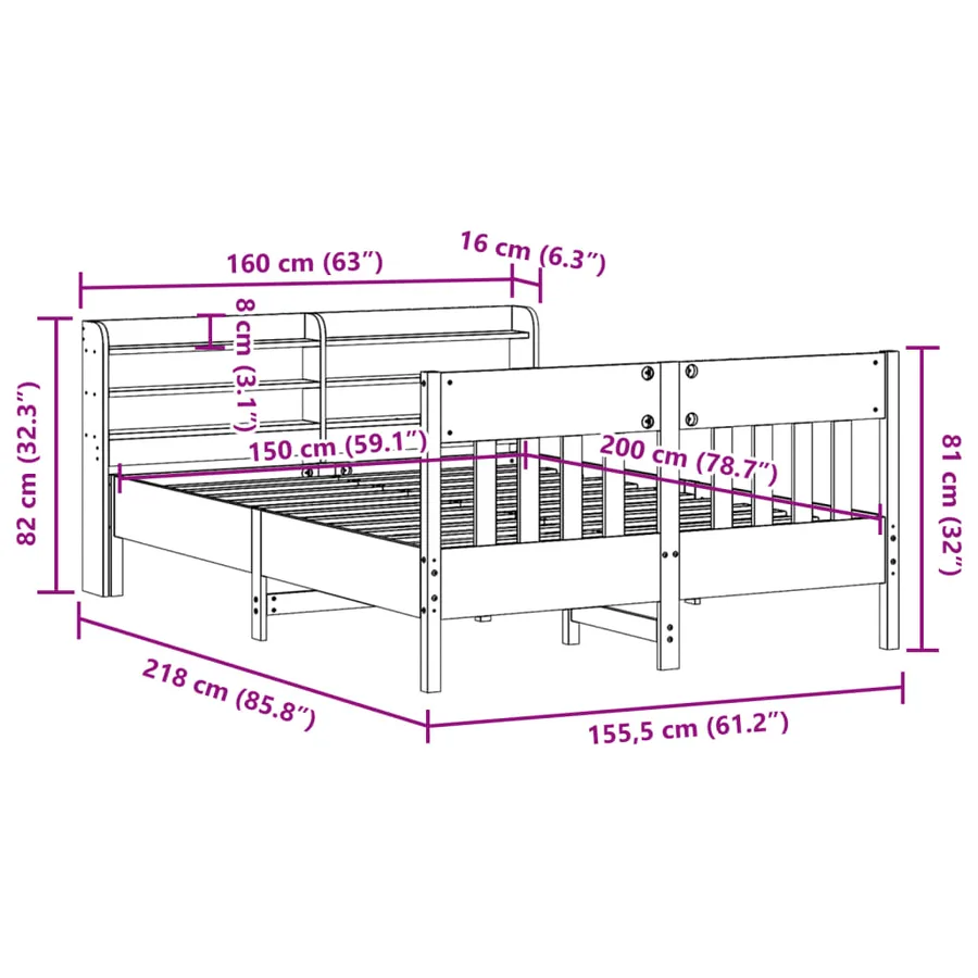 Cadre de lit sans matelas blanc 150x200 cm bois de pin massif - 12