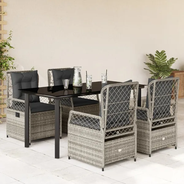 Ensemble à manger de jardin 5 pcs coussins gris résine tressée