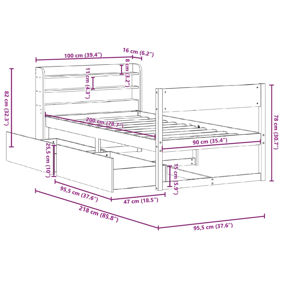 Cadre de lit sans matelas 90x200 cm bois de pin massif - 12