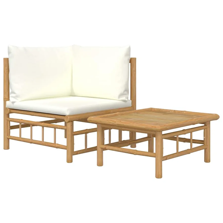 Garden lounge set 2 pcs with cushions creamy white bamboo - 2
